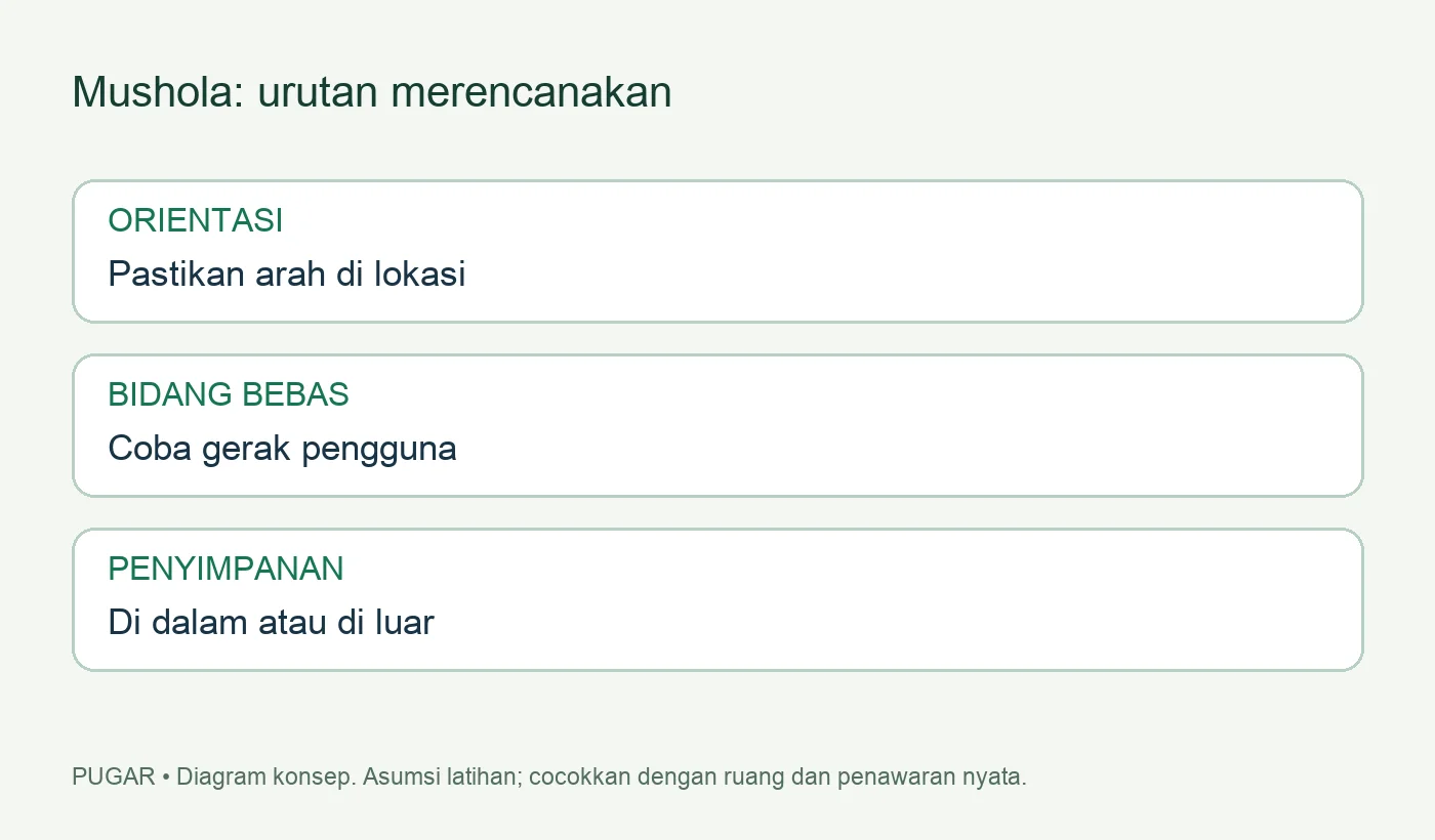 Diagram tahapan menentukan orientasi dan area bebas mushola
