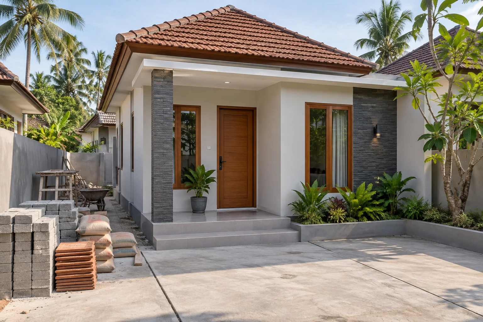 Ilustrasi AI rumah sederhana sedang tahap finishing dengan halaman tertata dan material tersusun rapi.