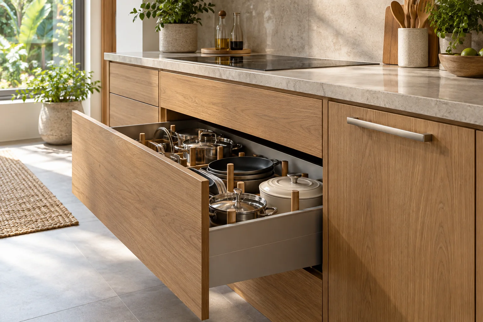 Ilustrasi laci kabinet dapur dengan peralatan