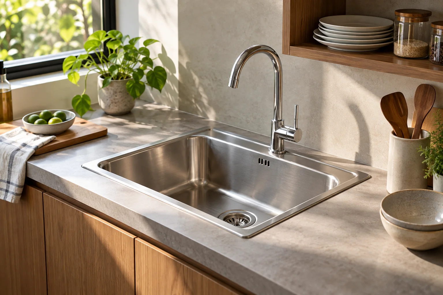 Ilustrasi AI dapur ringkas dengan bak cuci stainless satu kolom dan kabinet kayu.