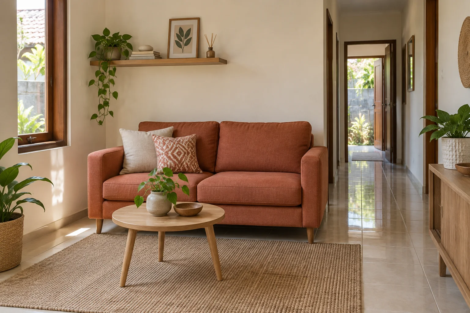 Ilustrasi AI ruang tamu kecil dengan sofa dua dudukan terracotta dan meja bundar.