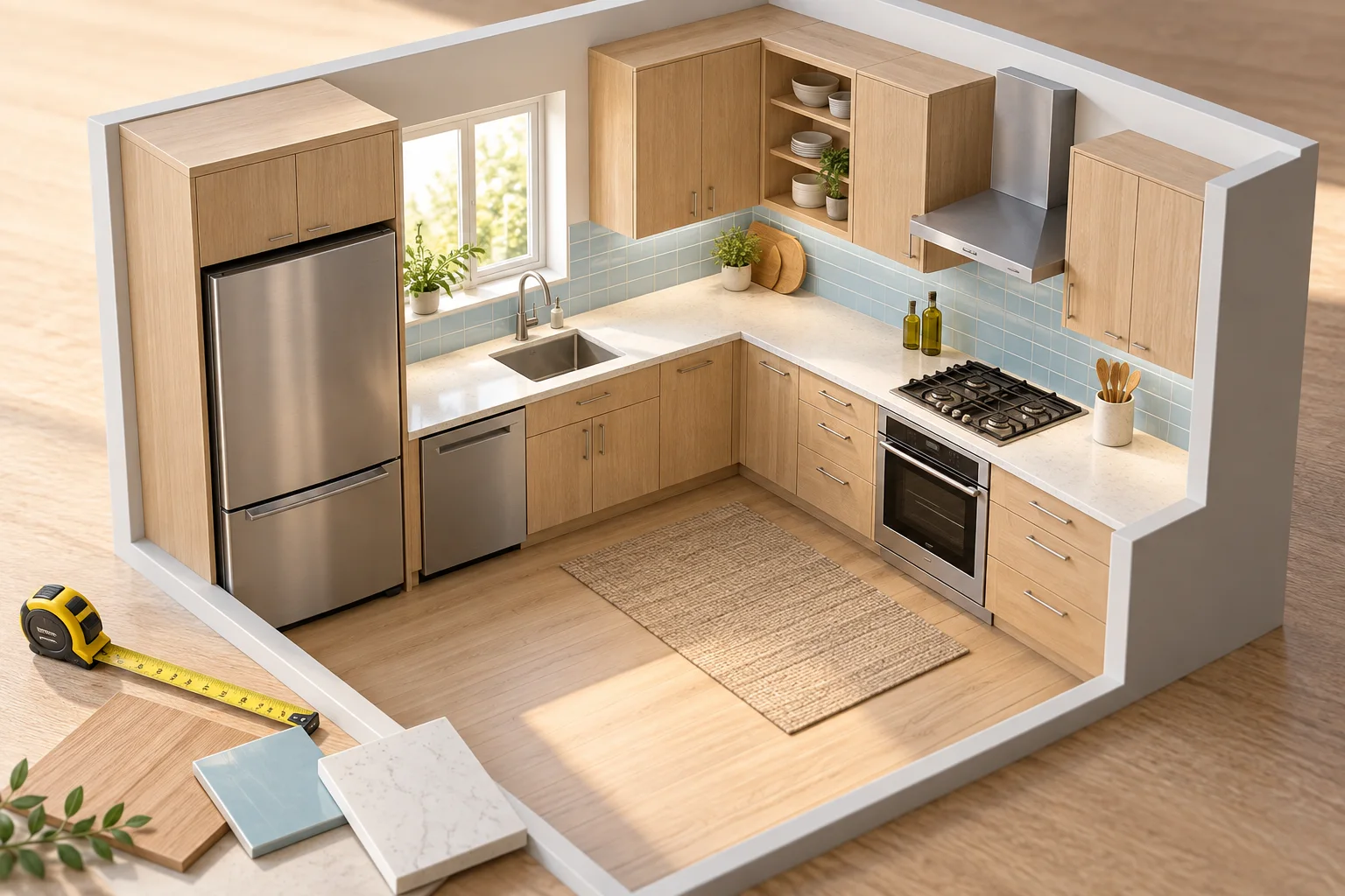Ilustrasi dapur kompak terbuka dengan kabinet dan area kerja