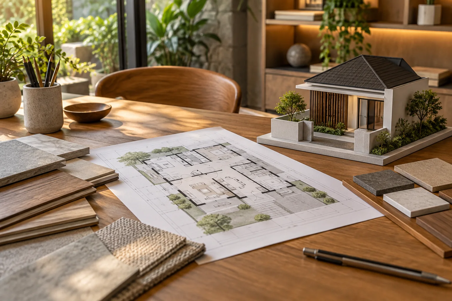 Ilustrasi AI denah, model rumah, dan sampel bahan di meja konsultasi arsitek.
