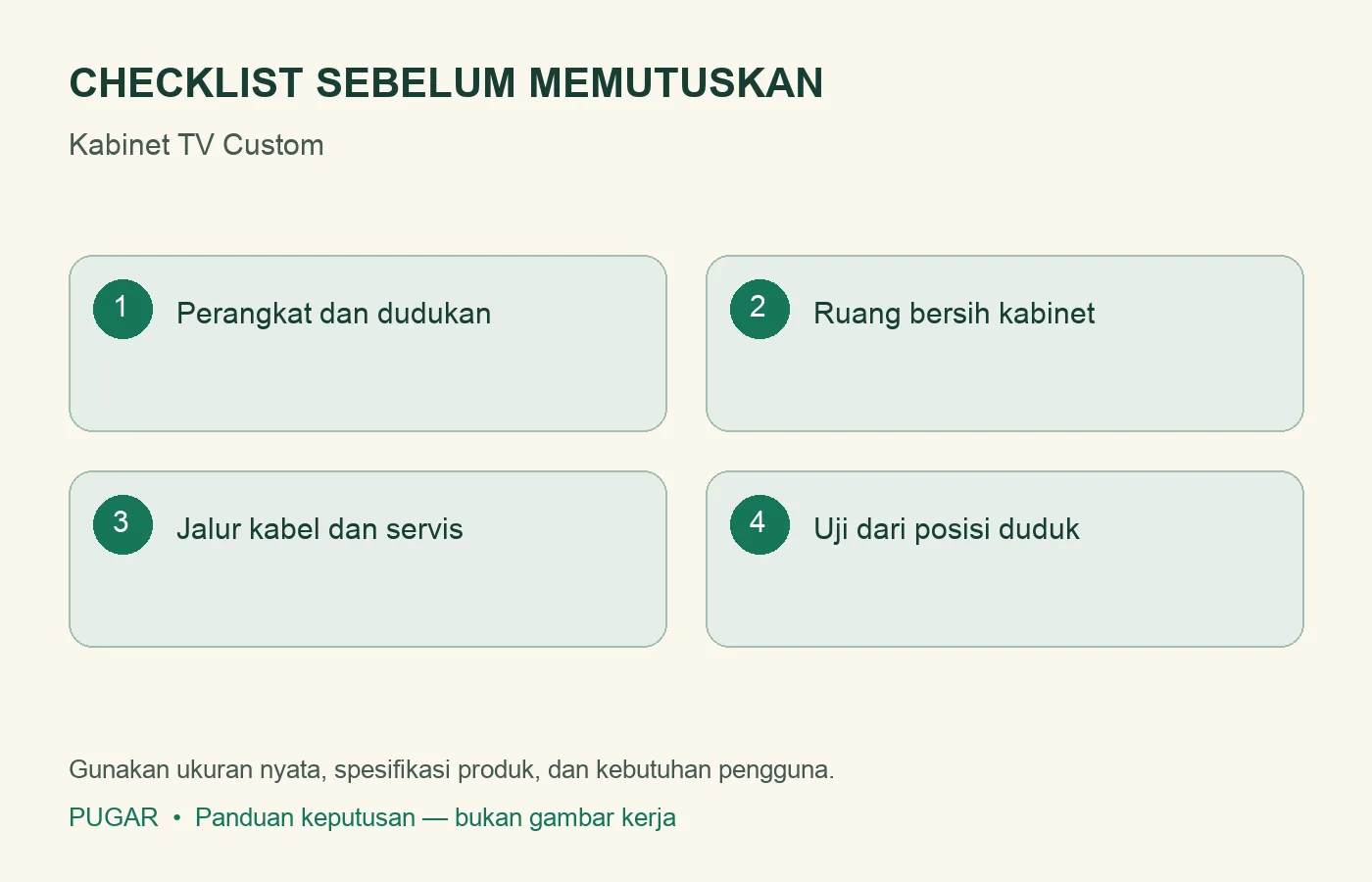 Checklist: Perangkat dan dudukan, Ruang bersih kabinet, Jalur kabel dan servis, Uji dari posisi duduk