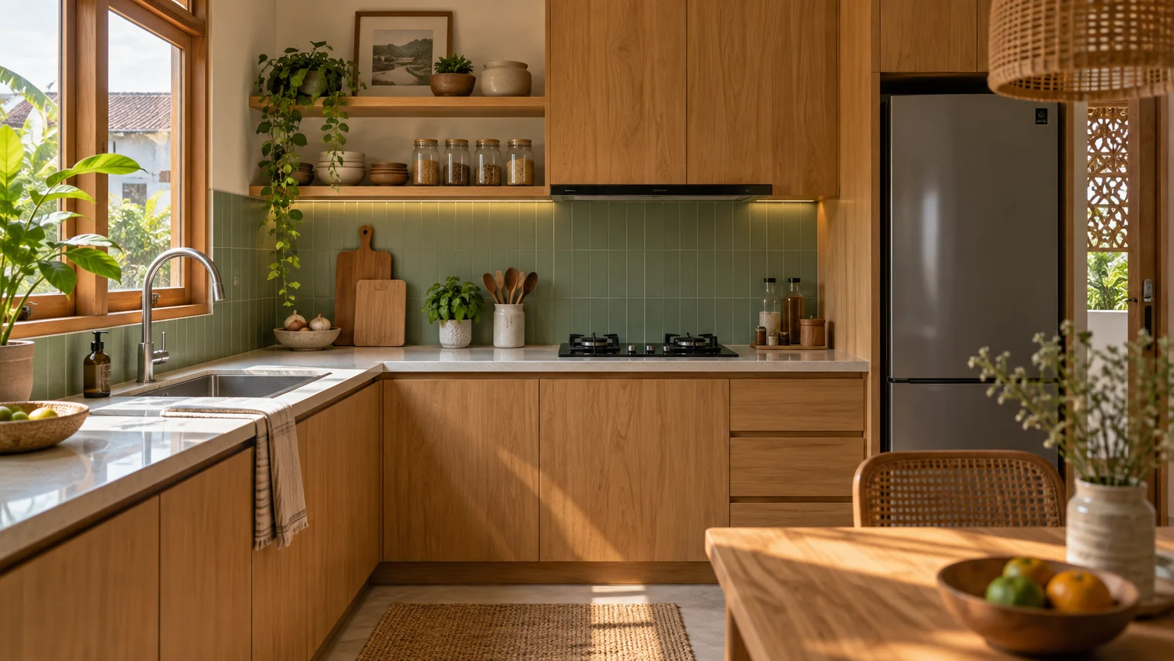 Ilustrasi AI dapur kompak dengan kabinet kayu dan backsplash hijau untuk perencanaan renovasi.