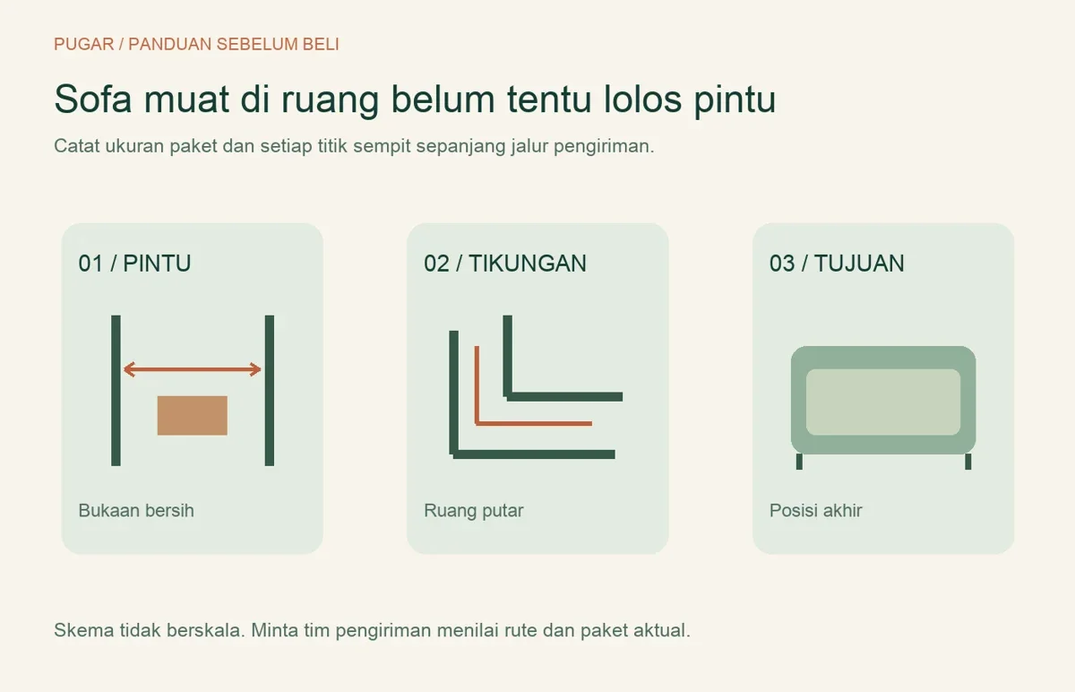 Diagram jalur sofa dari pintu menuju ruangan dengan pemeriksaan tikungan