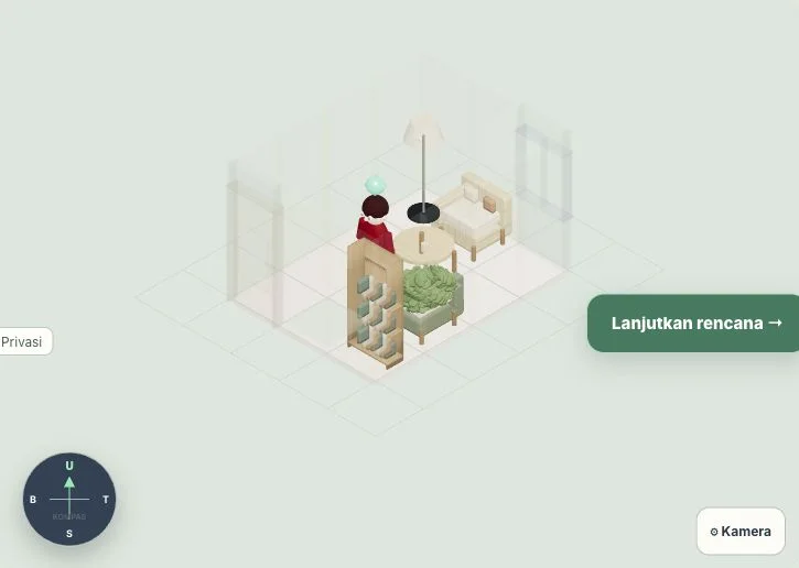 Render template ruang tamu dengan susunan furnitur