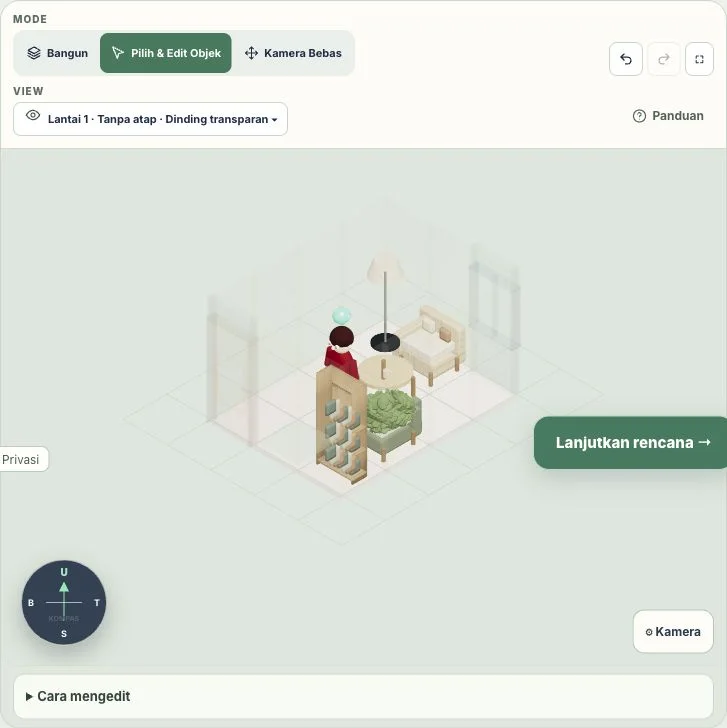 Mode Pilih & Edit Objek untuk mengatur furnitur dalam ruang tamu.