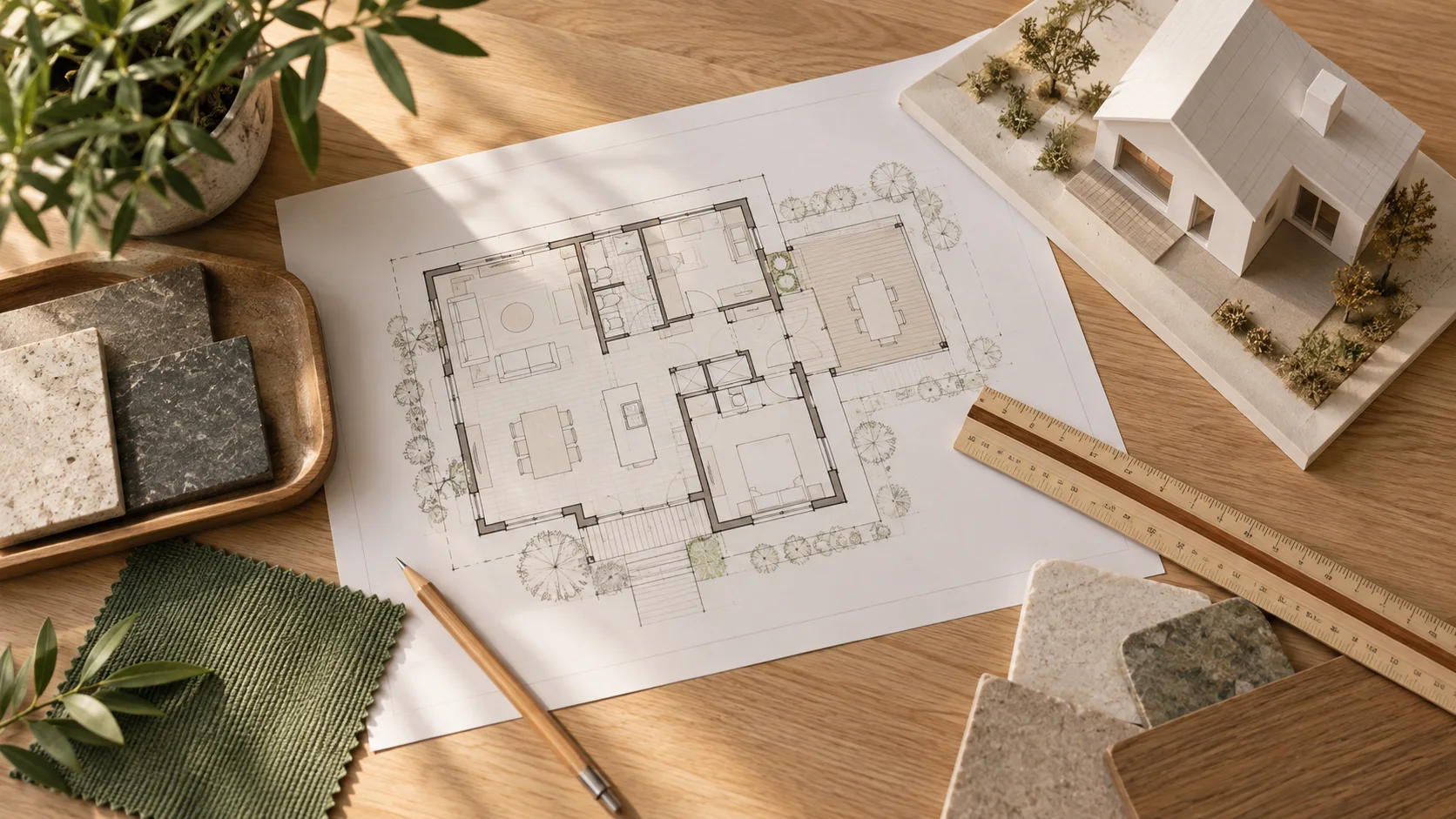 Ilustrasi AI rencana rumah dan pilihan material untuk membandingkan RAB.