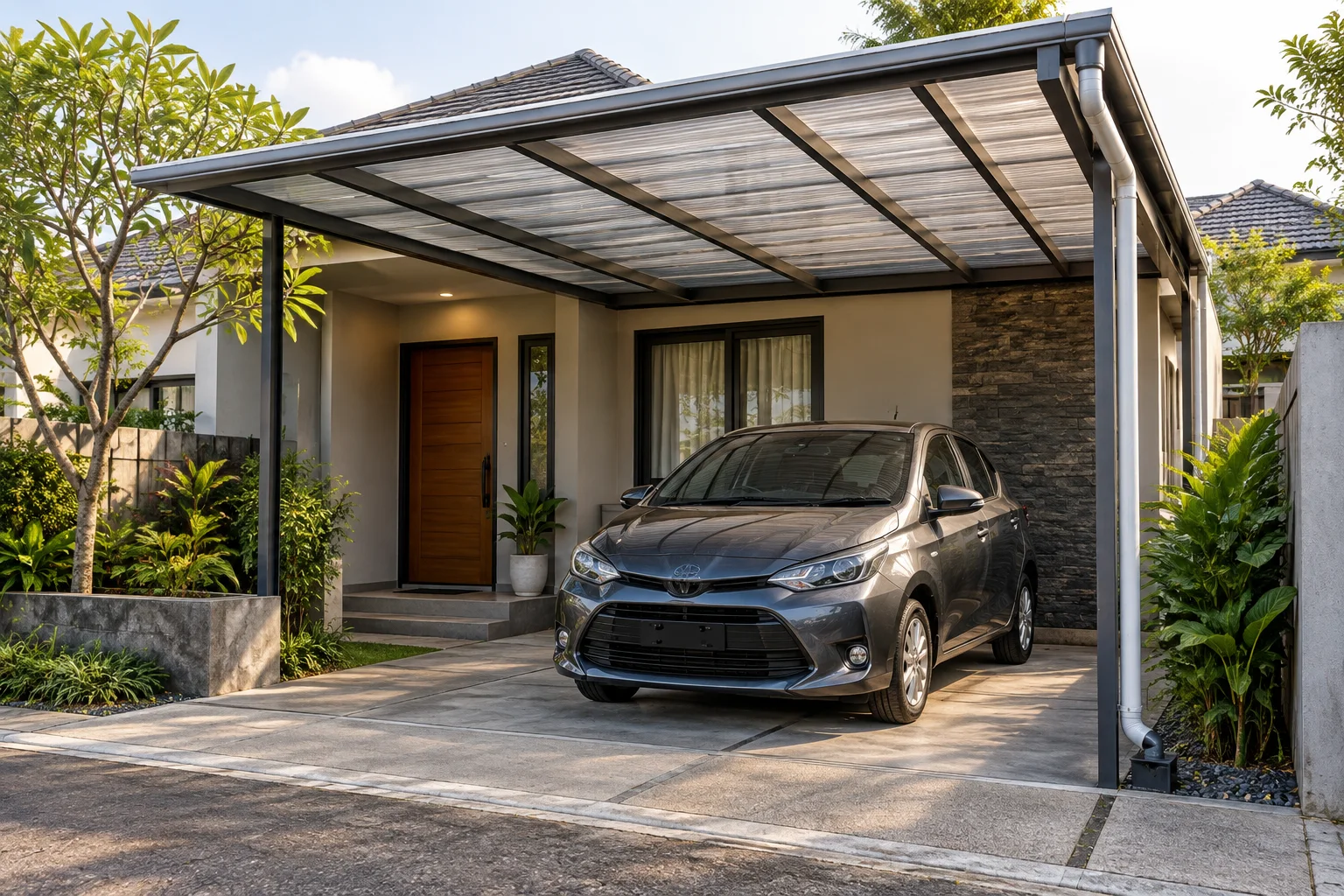 Ilustrasi AI carport rumah modern dengan kanopi rapi, talang dan mobil di bawahnya pada cahaya pagi.