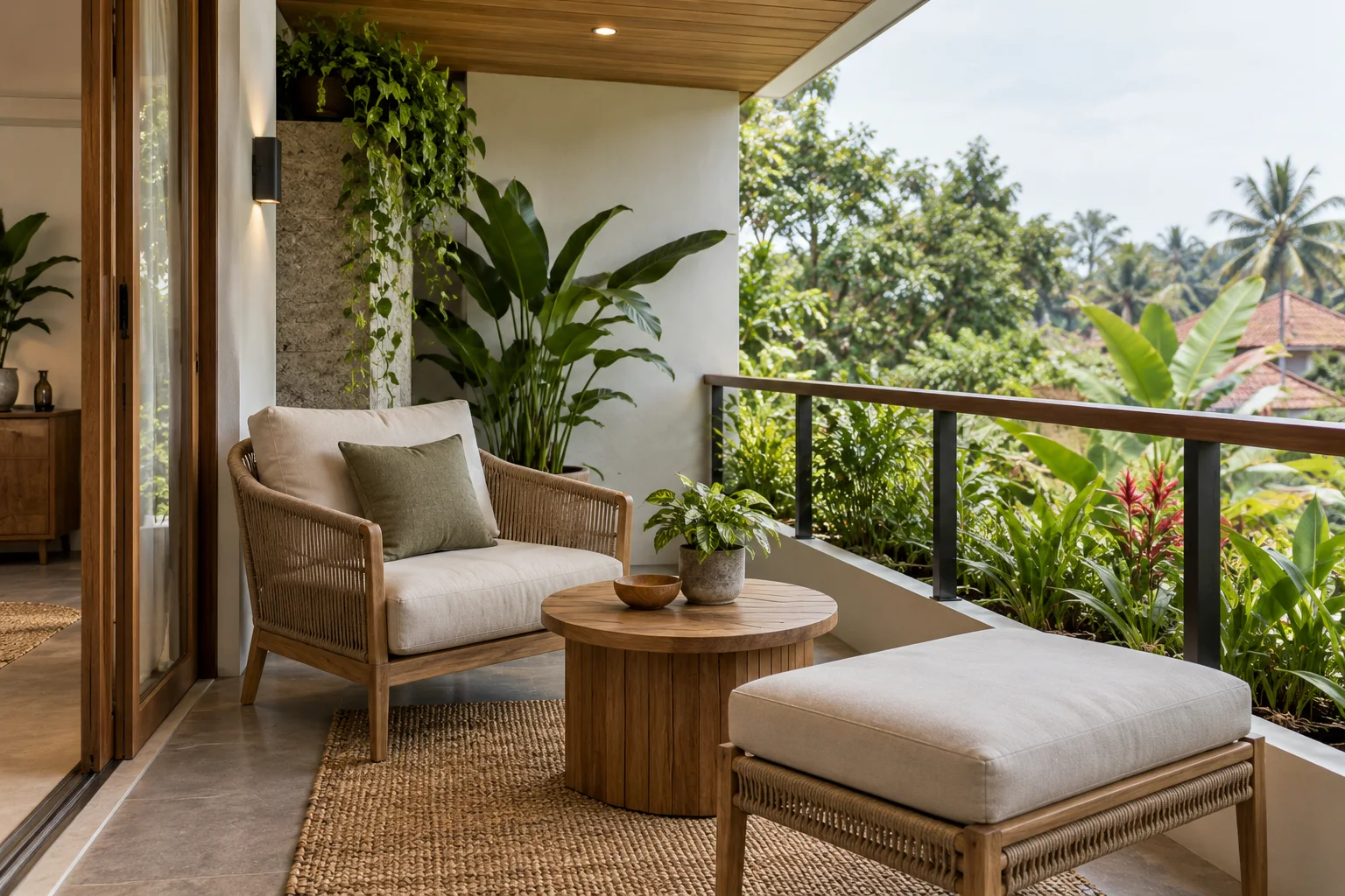 Ilustrasi furnitur santai di balkon terlindung
