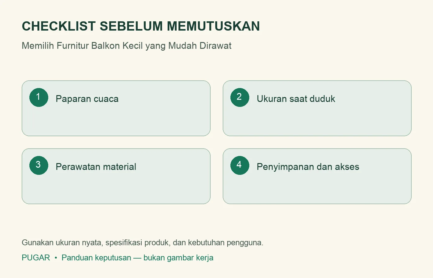 Checklist: Paparan cuaca, Ukuran saat duduk, Perawatan material, Penyimpanan dan akses