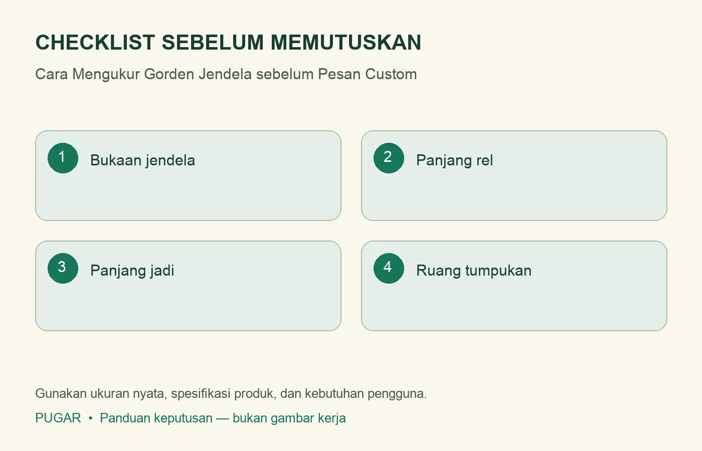 Checklist pengukuran gorden: bukaan, rel, panjang jadi, dan ruang tumpukan
