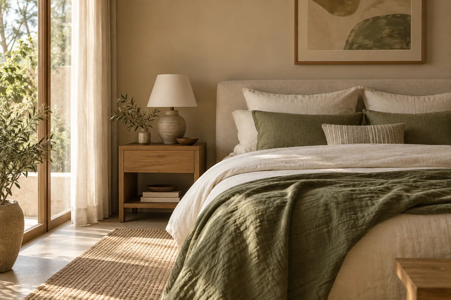 Ilustrasi AI kamar tidur bernuansa beige hangat, tekstil olive, dan furnitur kayu.