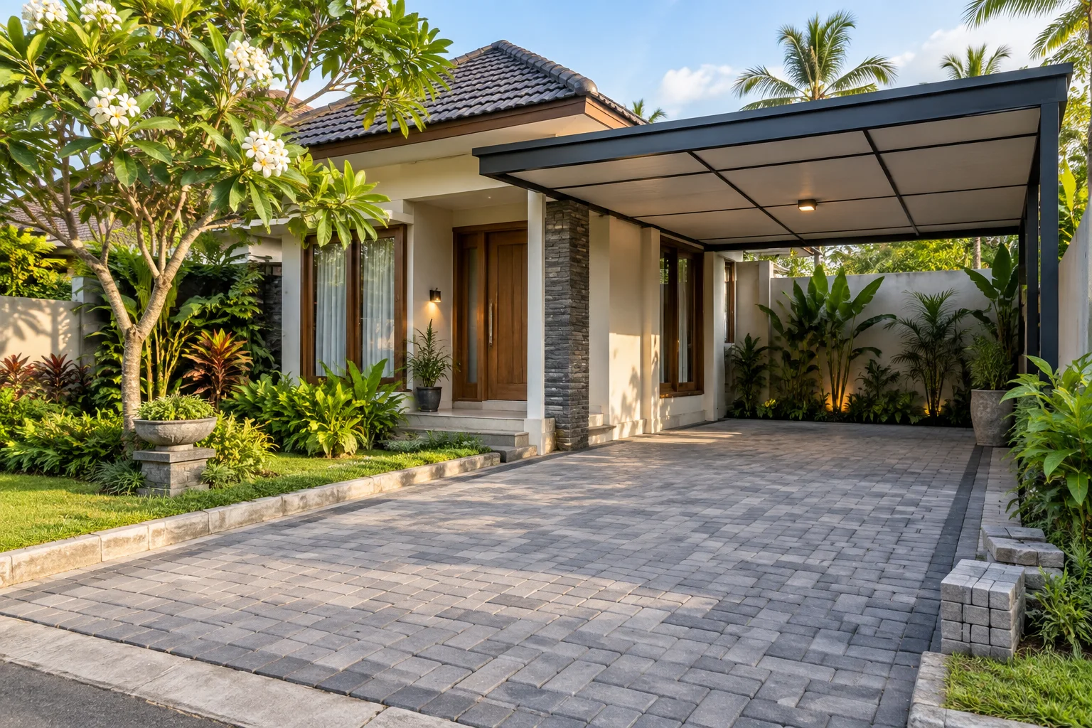 Ilustrasi AI carport rumah tropis dengan paving abu-abu dan taman kecil.