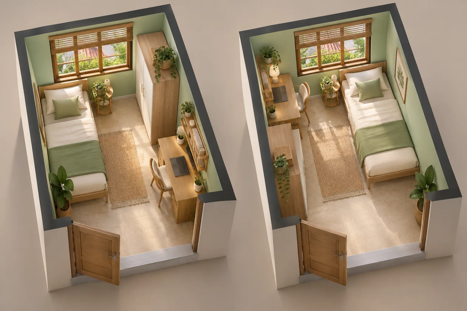 Ilustrasi perbandingan dua susunan furnitur dalam kamar yang sama