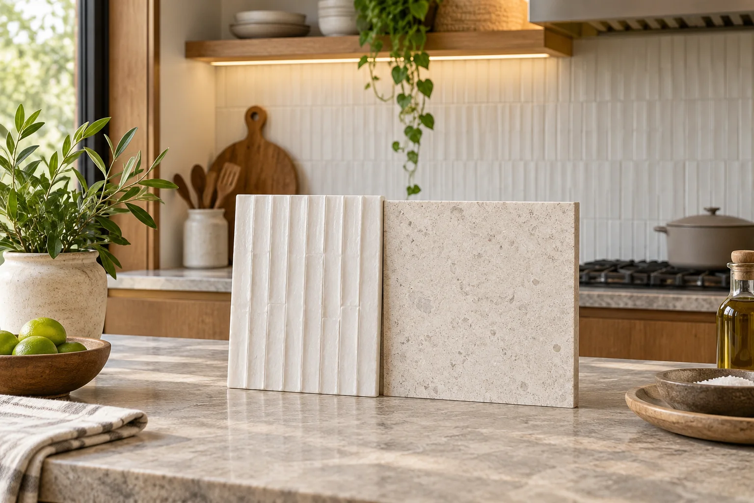 Ilustrasi sampel material backsplash di meja dapur