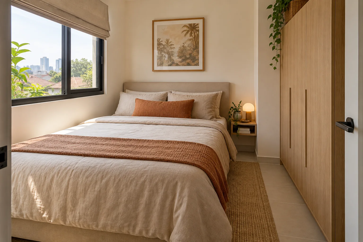 Ilustrasi AI kamar tidur kompak dengan ranjang ganda, lemari kayu dan linen hangat.