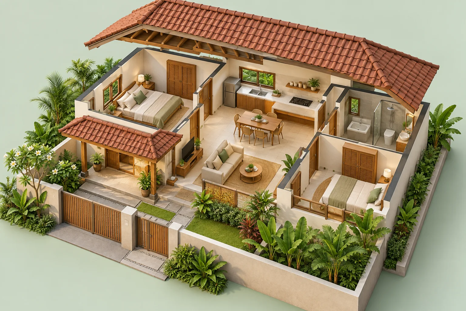 Ilustrasi konsep rumah kecil tiga dimensi dengan ruang dalam terlihat