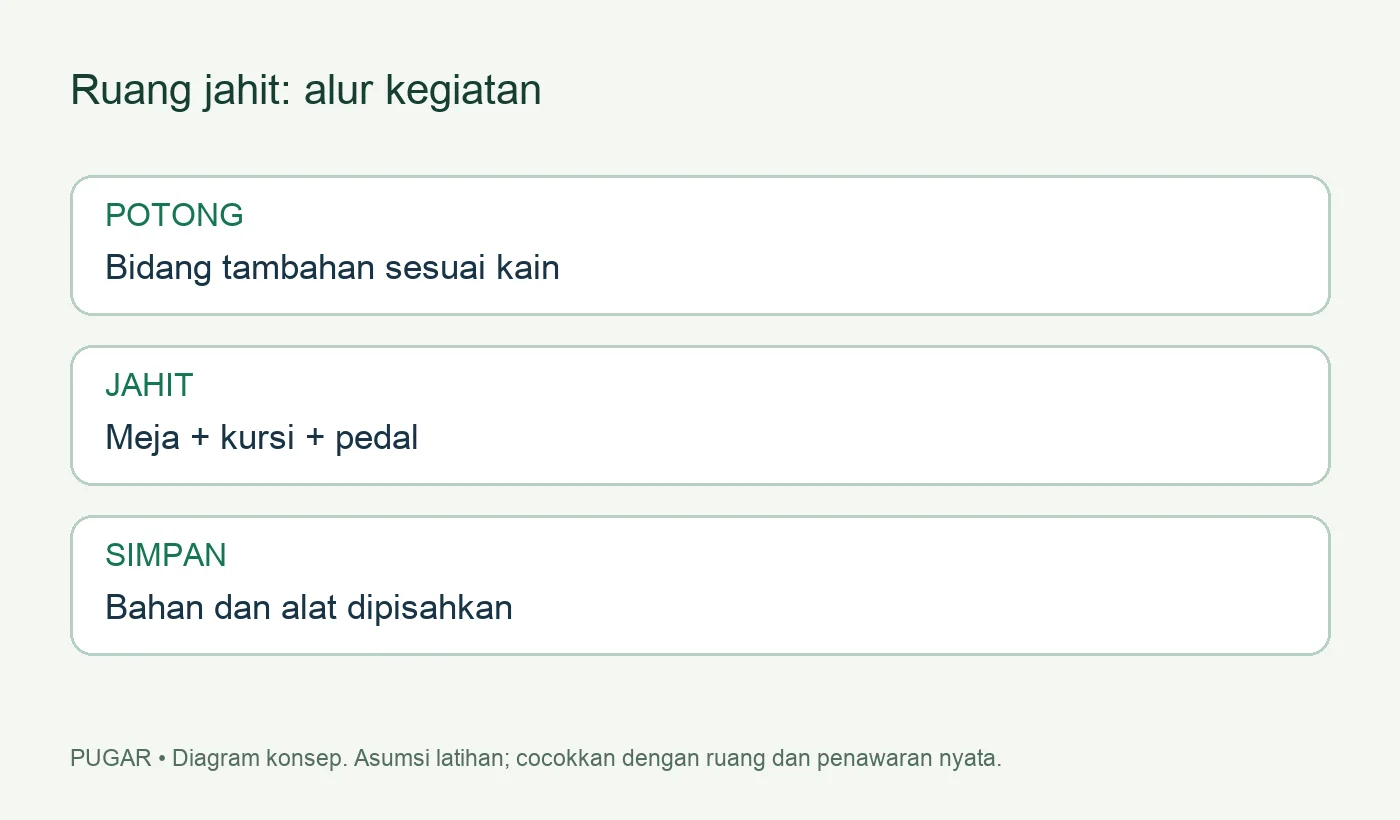Diagram alur potong, jahit, dan simpan dalam ruang kecil