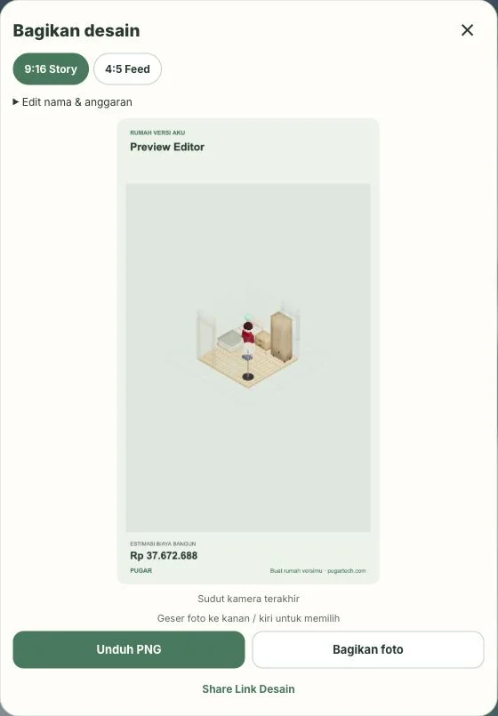 Menu Bagikan desain menyediakan ukuran gambar, Unduh PNG, dan Share Link Desain.