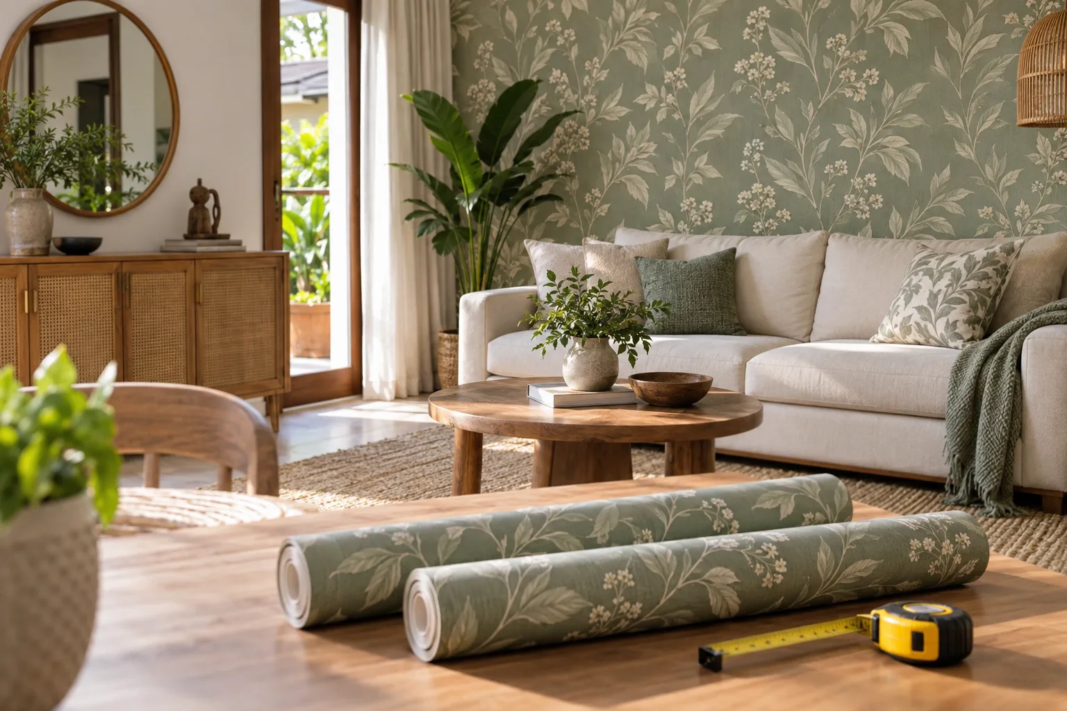 Ilustrasi AI ruang keluarga dengan wallpaper motif daun dan gulungan wallpaper senada.