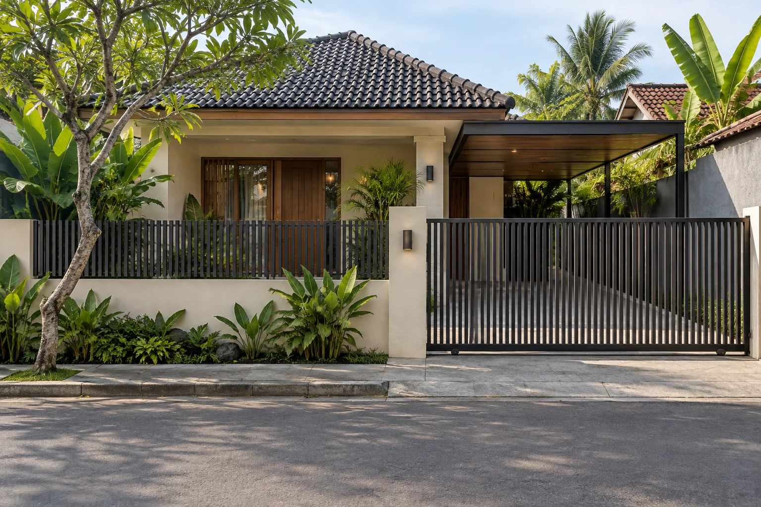 Ilustrasi AI fasad rumah tropis dengan pagar metal sederhana dan gerbang proporsional.