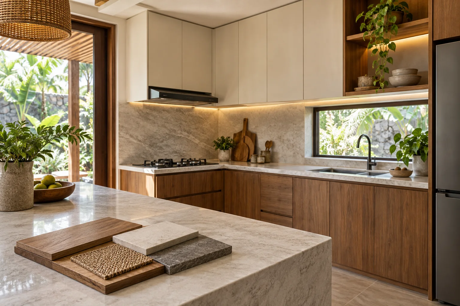 Ilustrasi AI kitchen set dengan kabinet atas, bawah, dan sampel material.