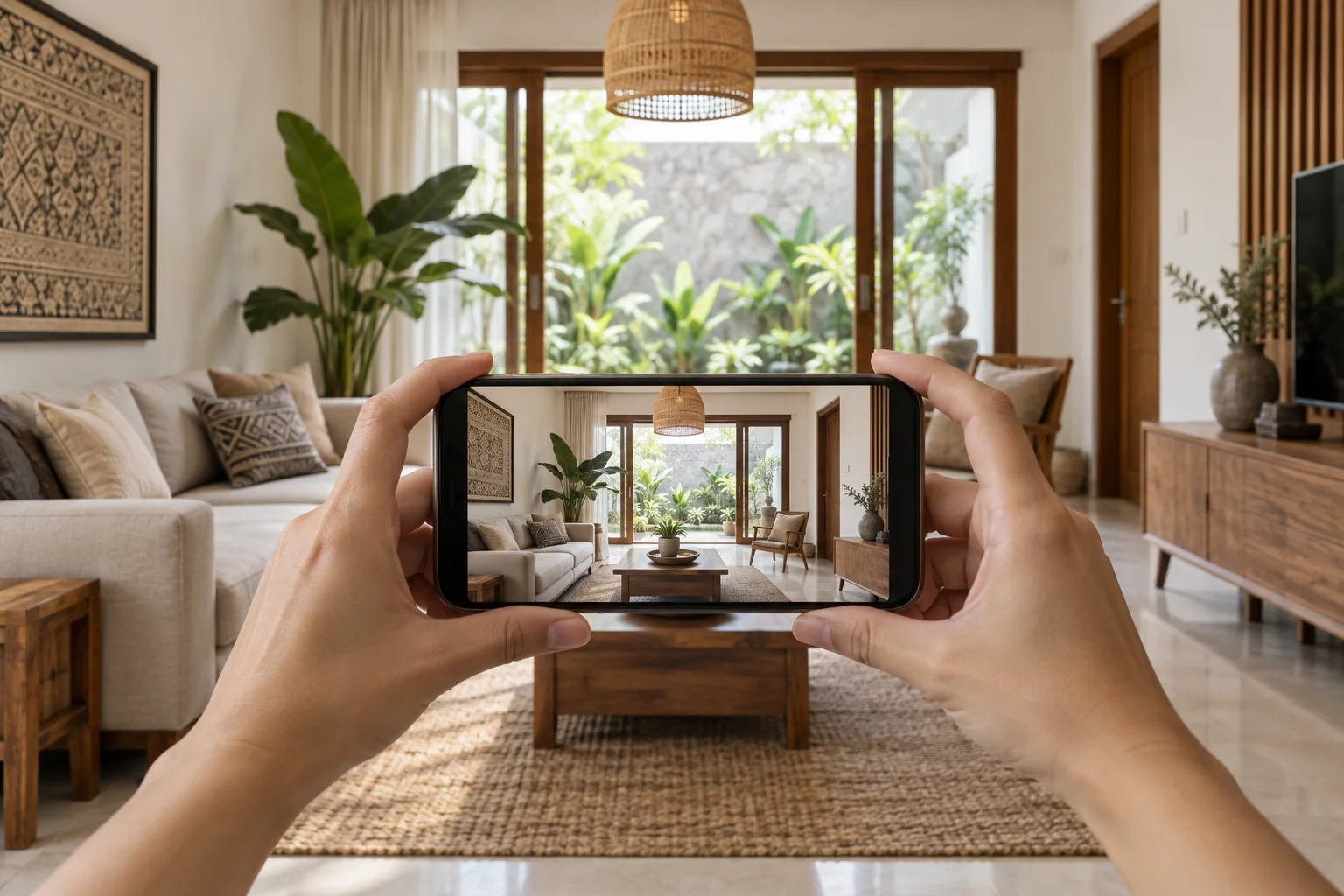 Ilustrasi AI pengambilan foto ruang rumah menggunakan telepon genggam.