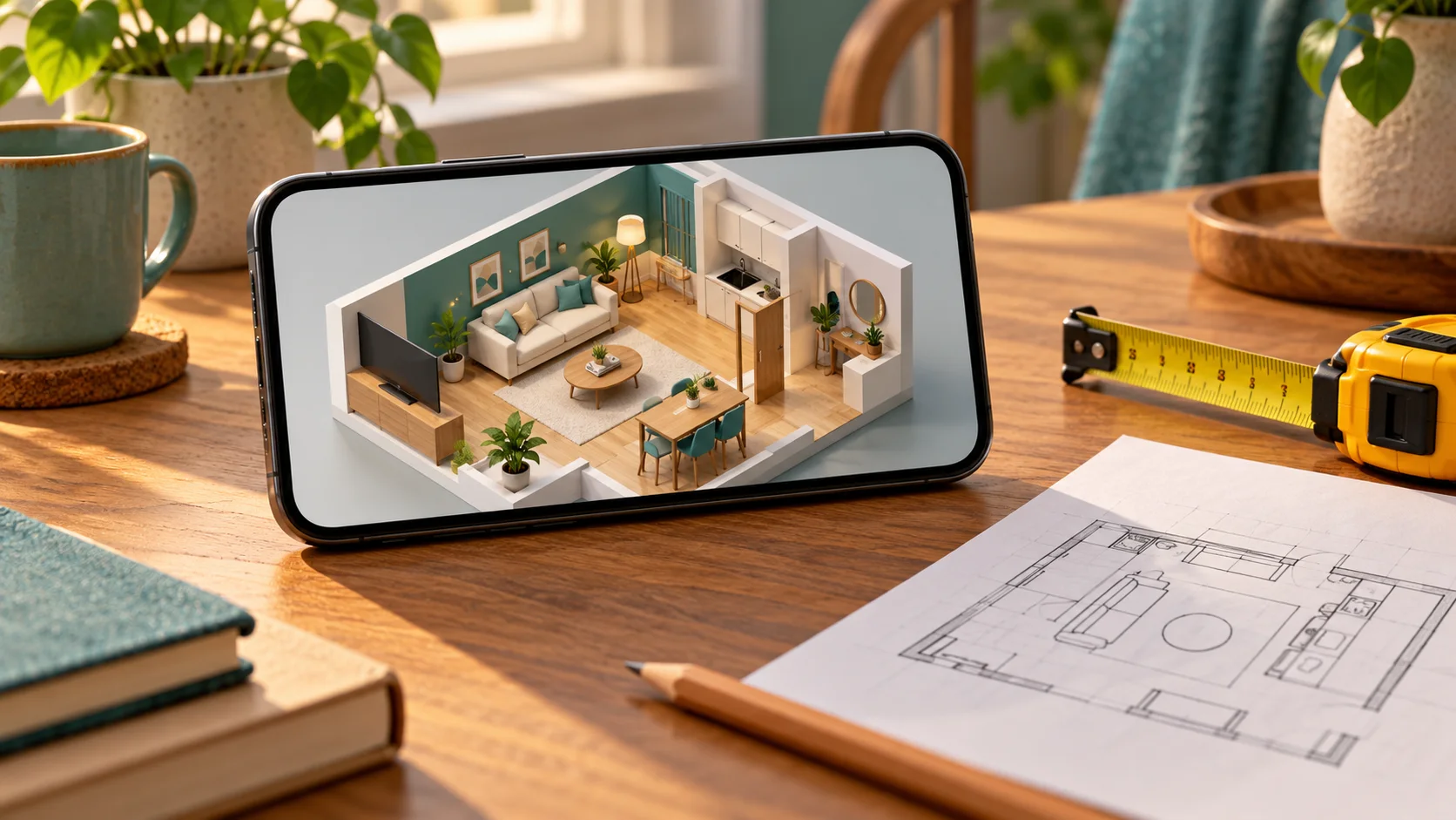 Ilustrasi ponsel di meja dengan konsep model rumah tiga dimensi