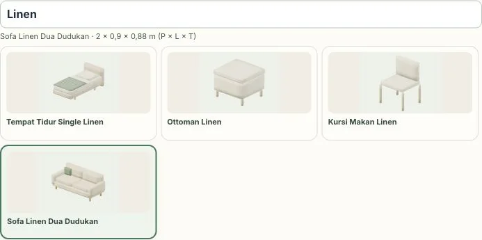 Dimensi Sofa Linen Dua Dudukan terlihat di atas kartu katalog.