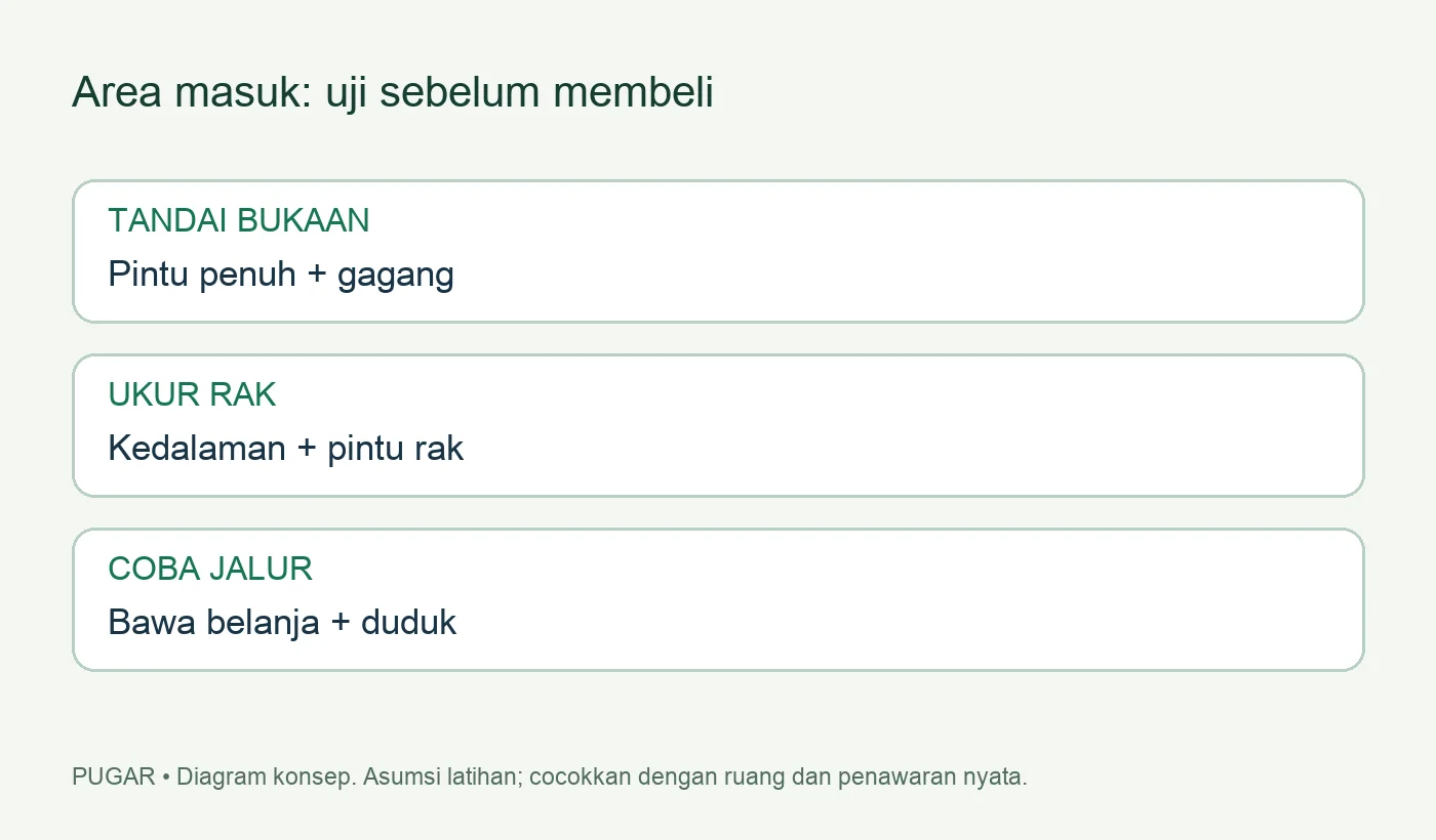 Diagram uji rak sepatu terhadap pintu dan jalur masuk