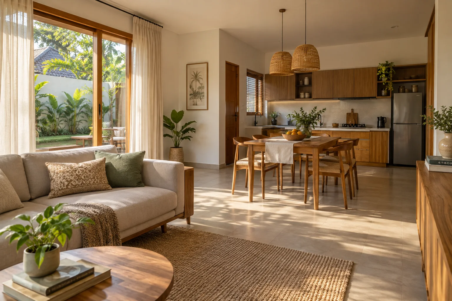 Ilustrasi AI interior rumah sederhana siap dihuni dengan sofa, meja makan dan dapur yang terhubung.