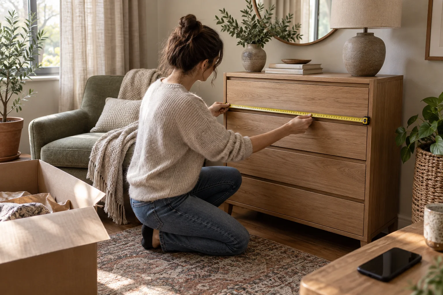 Ilustrasi konsep pengukuran lemari sebelum membeli furnitur secara online