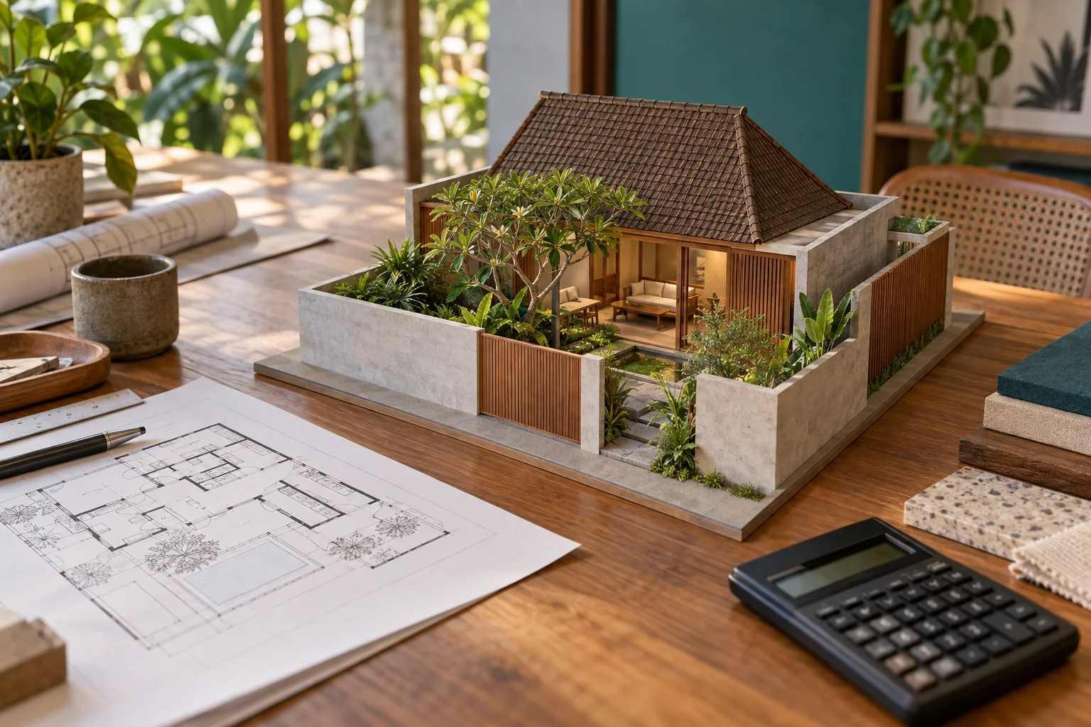 Ilustrasi AI meja perencanaan rumah dengan model rumah kecil, denah tanpa tulisan dan kalkulator.