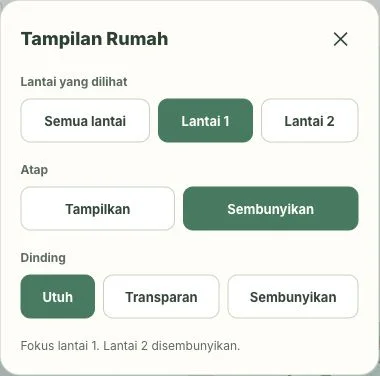 Popup VIEW memisahkan pilihan lantai, atap, dan dinding.