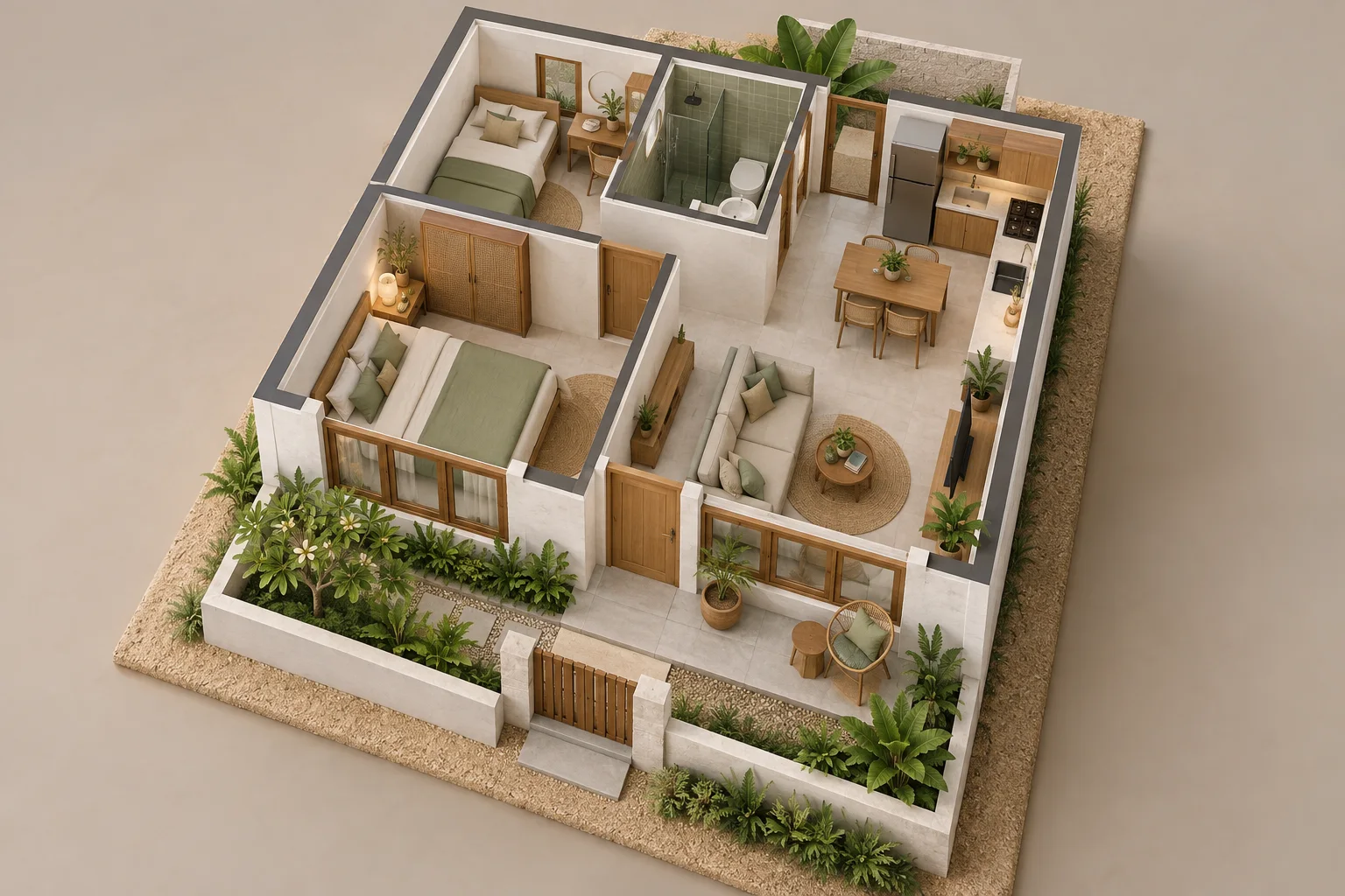 Ilustrasi model rumah kompak tipe 36 dengan ruang dalam terbuka