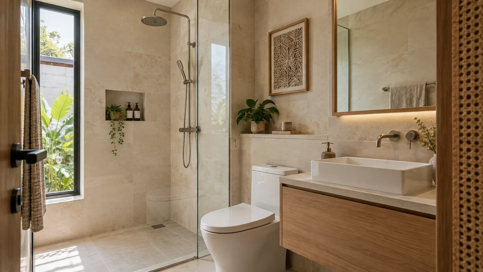 Ilustrasi AI kamar mandi modern dengan keramik netral dan area shower.