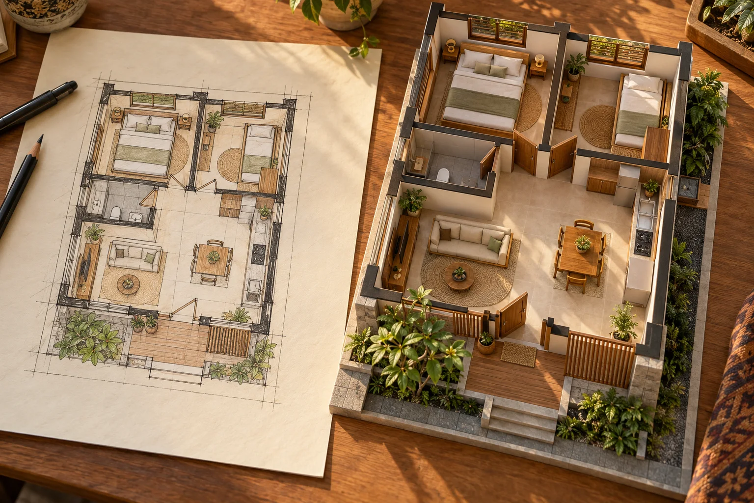 Ilustrasi sketsa denah di samping model rumah tiga dimensi