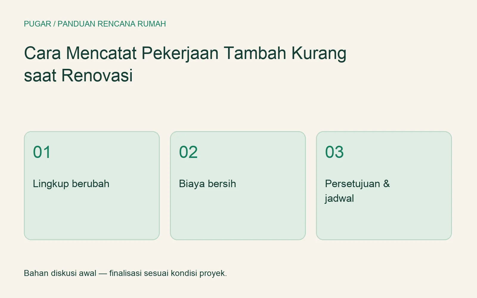 Catatan perubahan renovasi mencakup lingkup berubah, biaya bersih, serta persetujuan dan jadwal.
