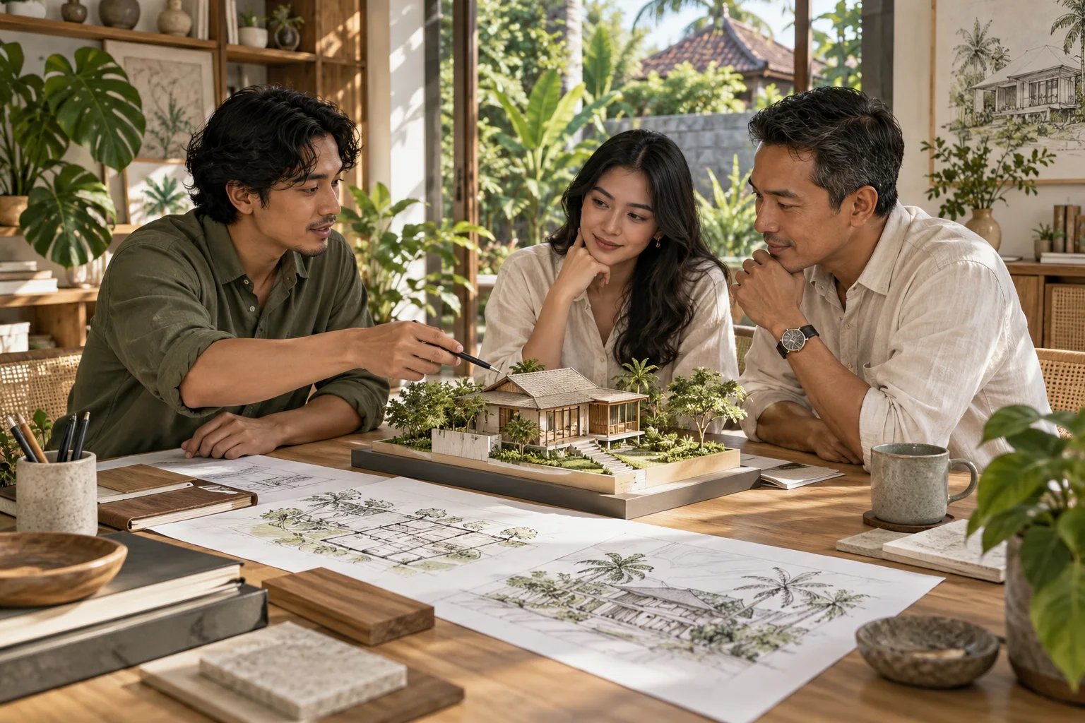 Ilustrasi AI arsitek dan pemilik rumah membahas model rumah di studio