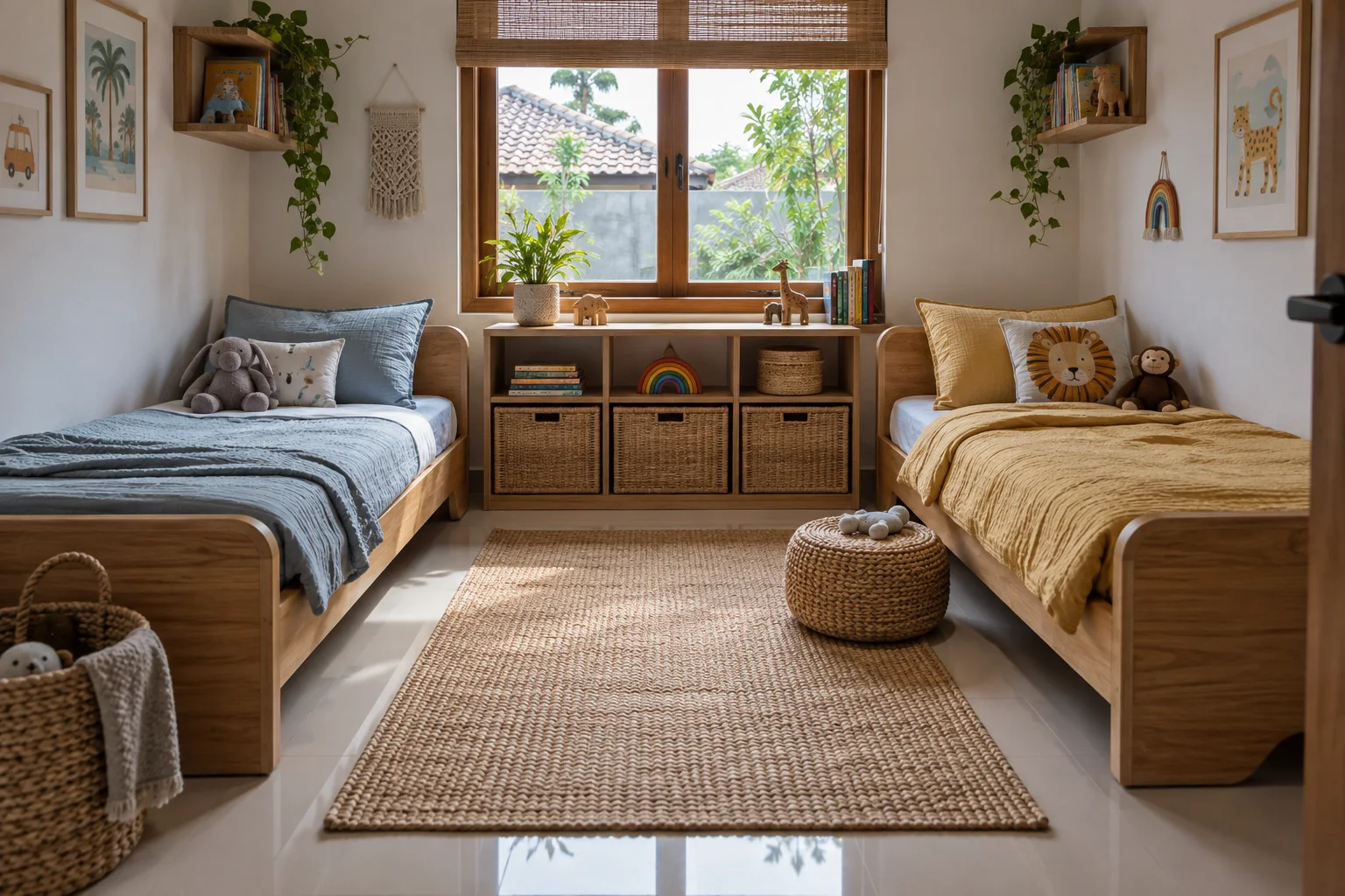 Ilustrasi AI dua ranjang rendah dengan linen biru dan mustard di kamar anak kompak.