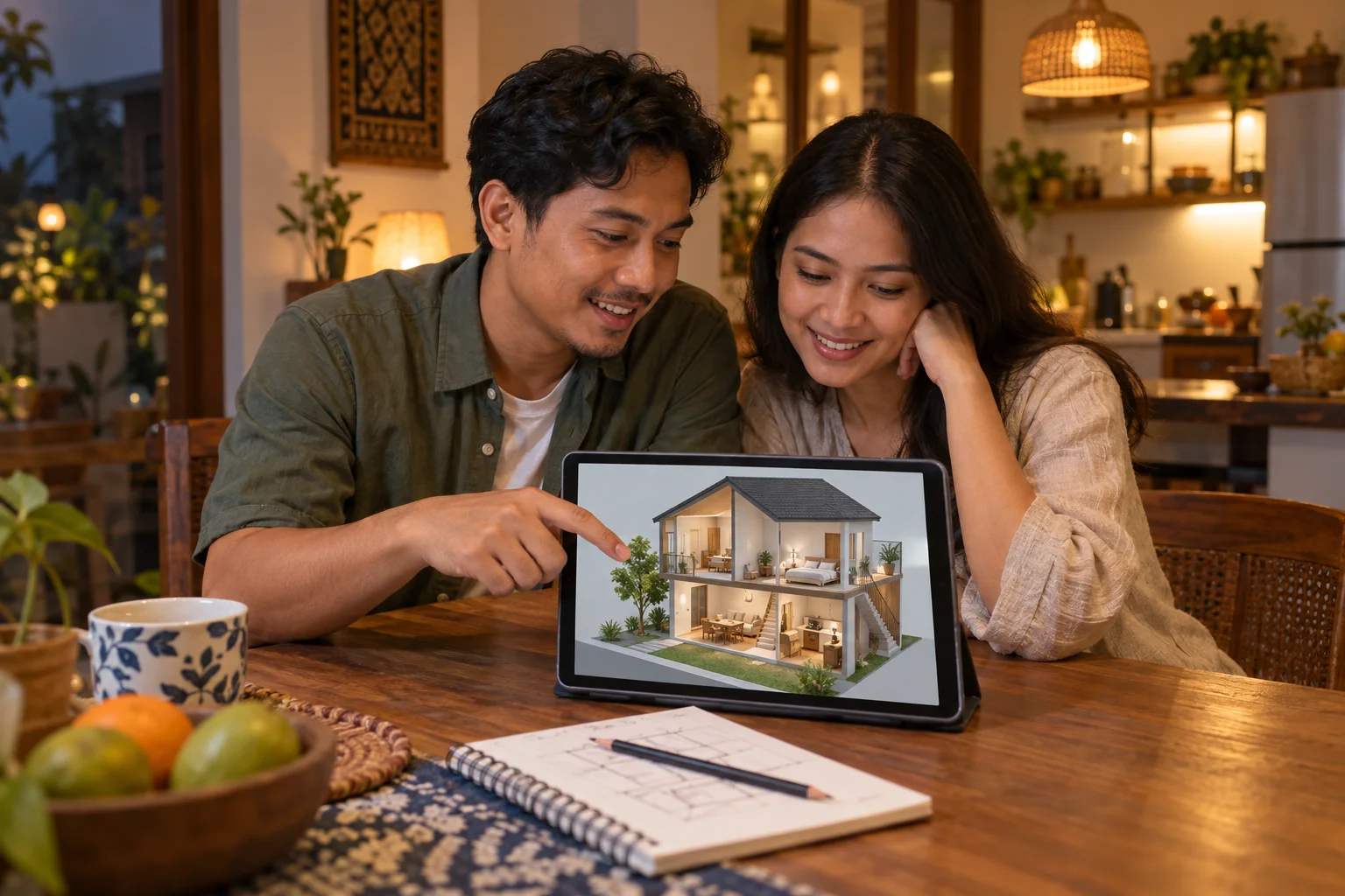 Ilustrasi pasangan berdiskusi melihat konsep rumah pada tablet