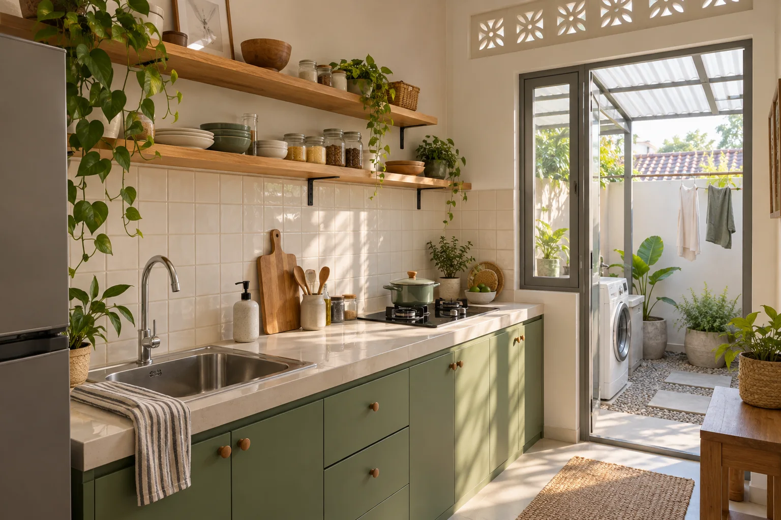Ilustrasi konsep renovasi dapur belakang rumah subsidi 30/60
