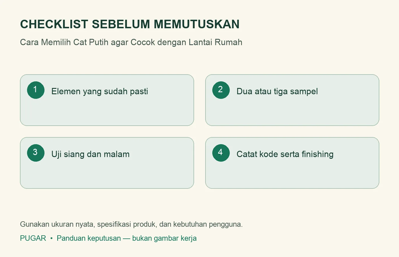 Checklist: Elemen yang sudah pasti, Dua atau tiga sampel, Uji siang dan malam, Catat kode serta finishing