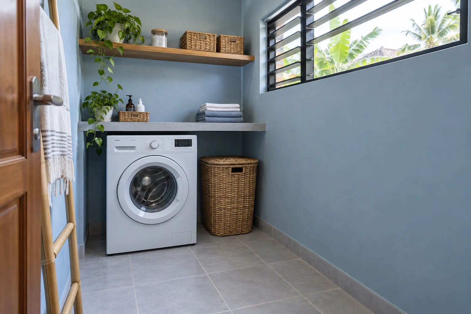 Ilustrasi AI ruang laundry kecil dengan mesin bukaan depan, keranjang dan ventilasi atas.