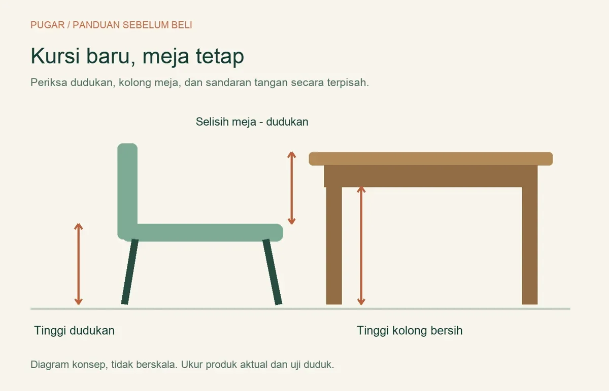 Diagram ukuran kursi makan terhadap meja: dudukan, kolong dan sandaran tangan