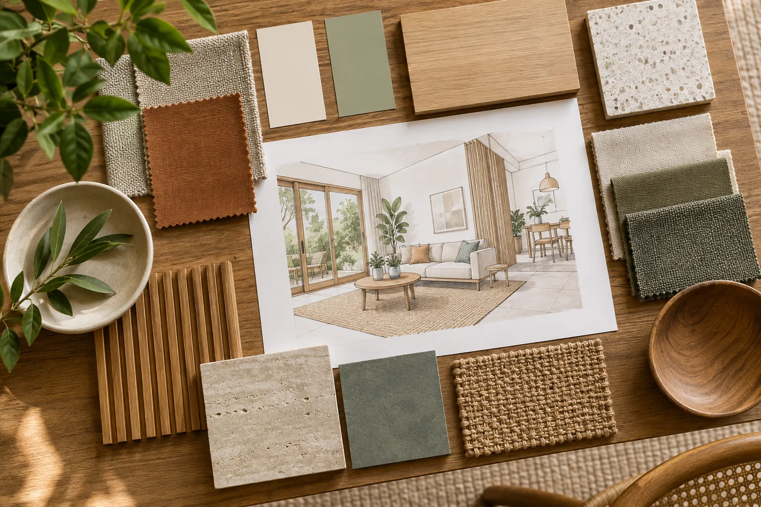 Ilustrasi moodboard kain kayu dan warna interior