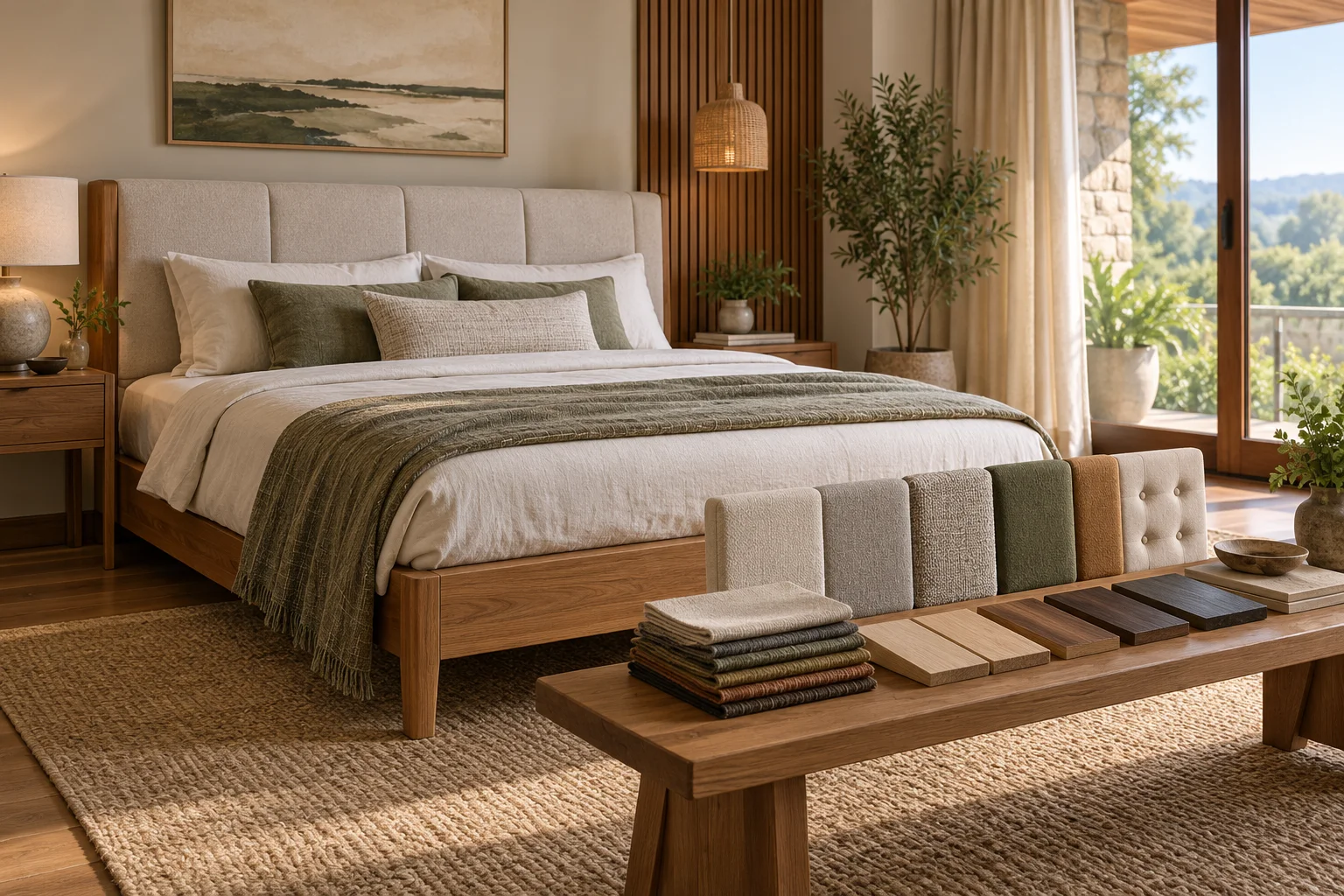 Ilustrasi dipan kayu dengan headboard berlapis kain
