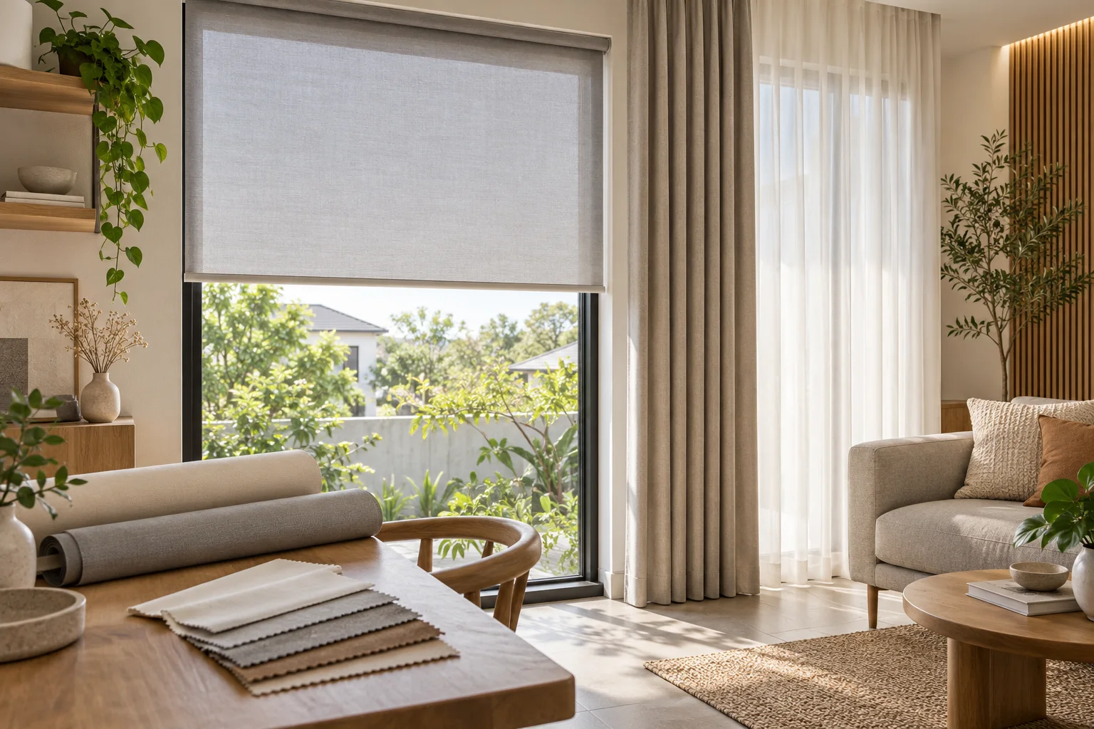 Ilustrasi roller blind dan gorden pada jendela